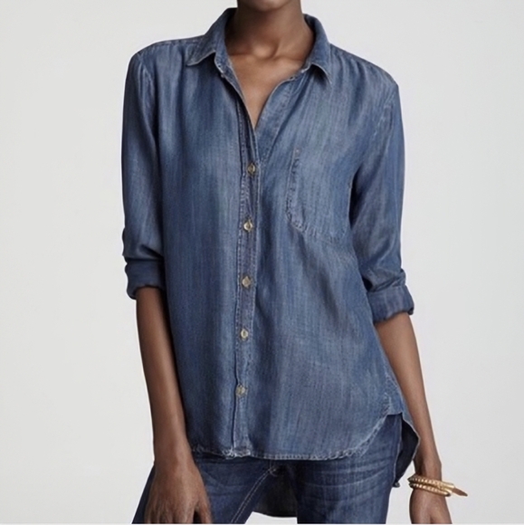 Anthropologie Cloth & Stone Chambray Button Down Shirt High Low Hem Sz S - Picture 1 of 6